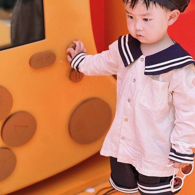 2023 KS Autumn Kids College Style Dress Baby Boy Girl Navy Clothes Long Sleeve Sailor Shirt Shorts Toddler Set Soft Cotton Unifo