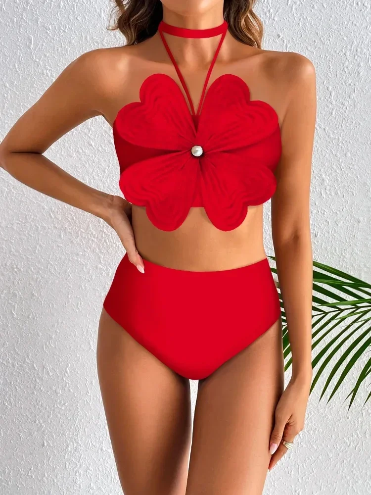 Bikini de cintura alta con flores a la moda y falda, traje de baño para mujer, Bikini Sexy con cuello Halter para mujer, traje de baño para vacaciones, trajes