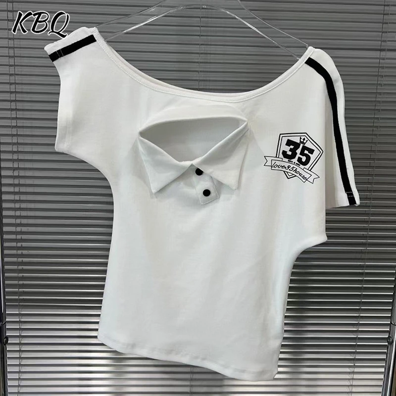 

KBQ Designer Printing Spliced Button Slimming T Shirts For Women Round Neck Short Sleeve Temperament T Shirt Female Fashion New