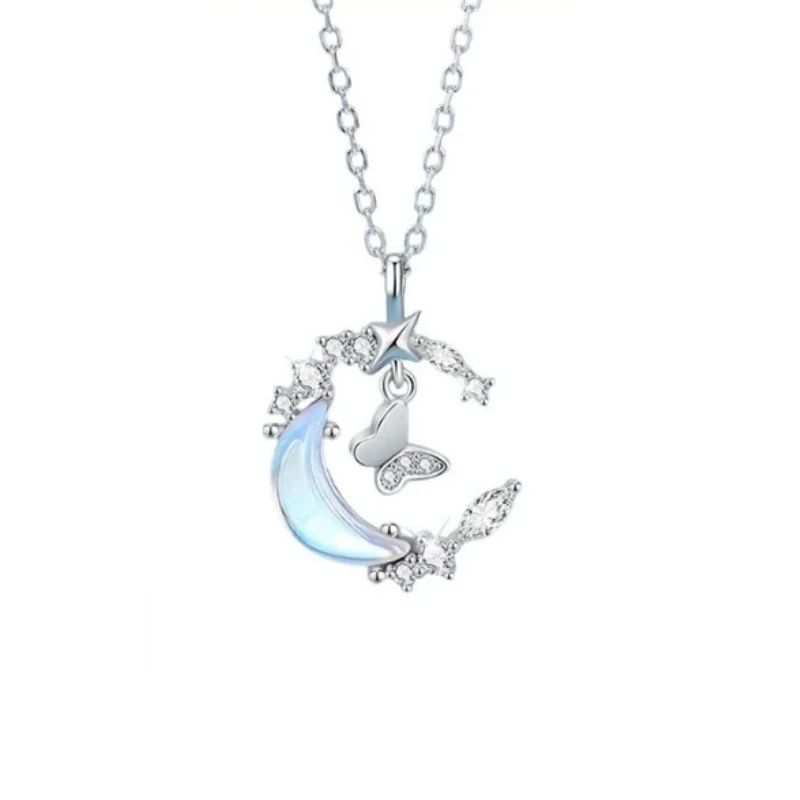 

925 Sterling Silver Butterfly Under The Moon Pendant Necklace AAA CZ Clavicle Chain For Women Birthday Gift Jewelry