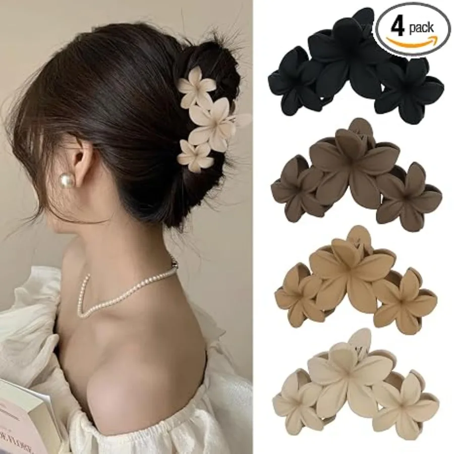 

4PCS Hawaiian Plumeria Flower Hair Clips - Large Non-Slip Matte Claw Clips for Women, Strong Hold Beach Hair Accessories, brown, black, white，apricot