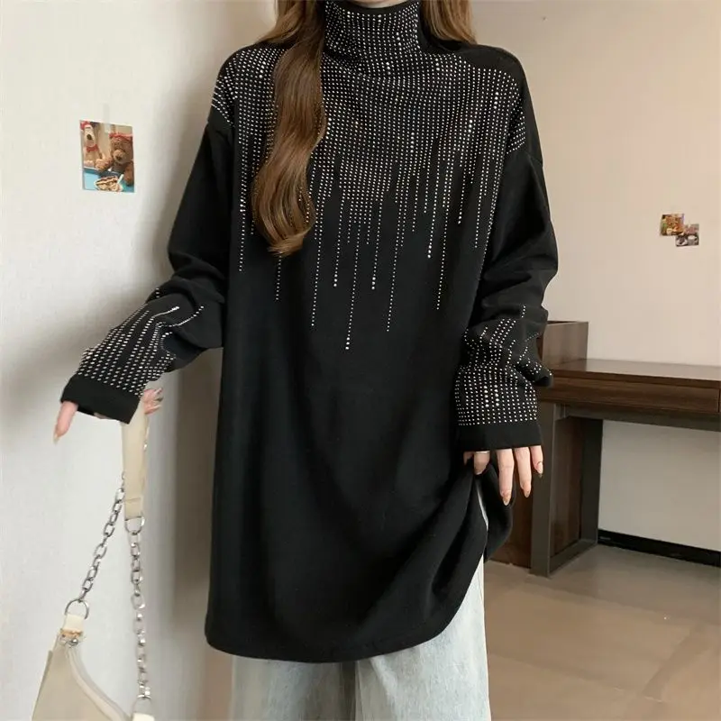 Women\'s Clothing Autumn Winter Korean Fashion Rhinestone Thick Warm Basic T-shirts High Collar Black Oversized Long Sleeve Tops
