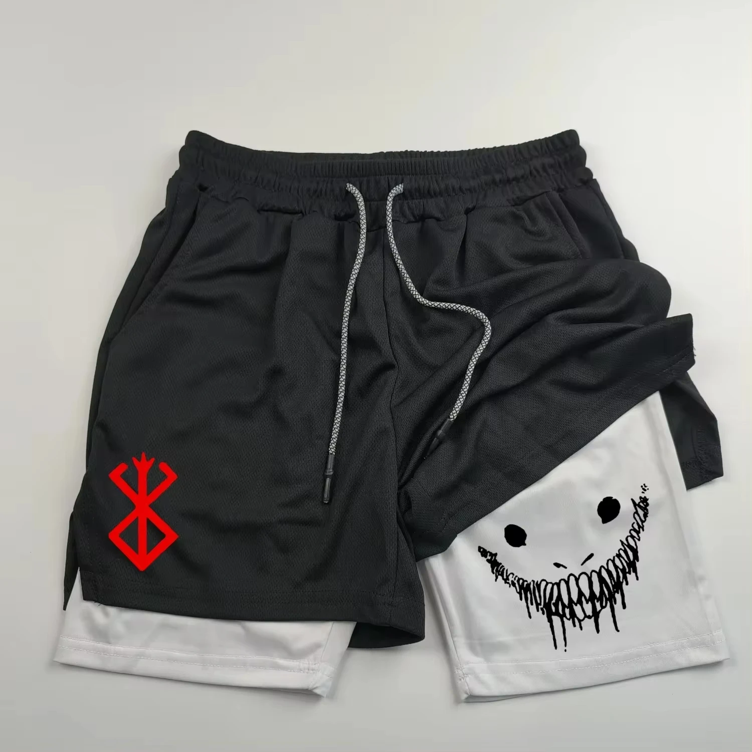 Anime Berserk Running Shorts Men Fitness Gym Training 2 in 1 Sports Shorts Quick Dry Workout Jogging Double Deck Towel Shorts