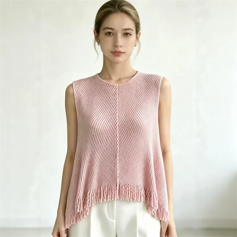 Miyake Fish Scale Pleated Summer New Round Neck Sleeveless Solid Color Women's Tassel Casual Vest Top