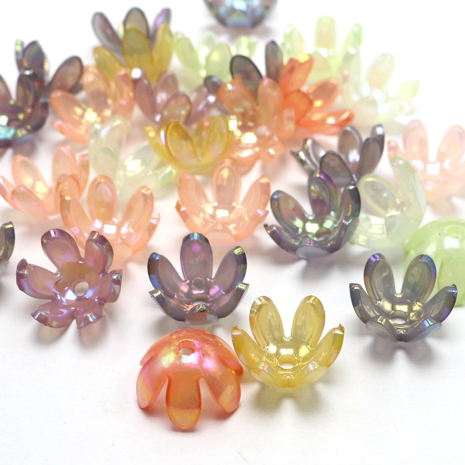 50 Mixed Color Luster AB Acrylic Flower Bead Caps 18mm Center Hole DIY Jewelry Charms