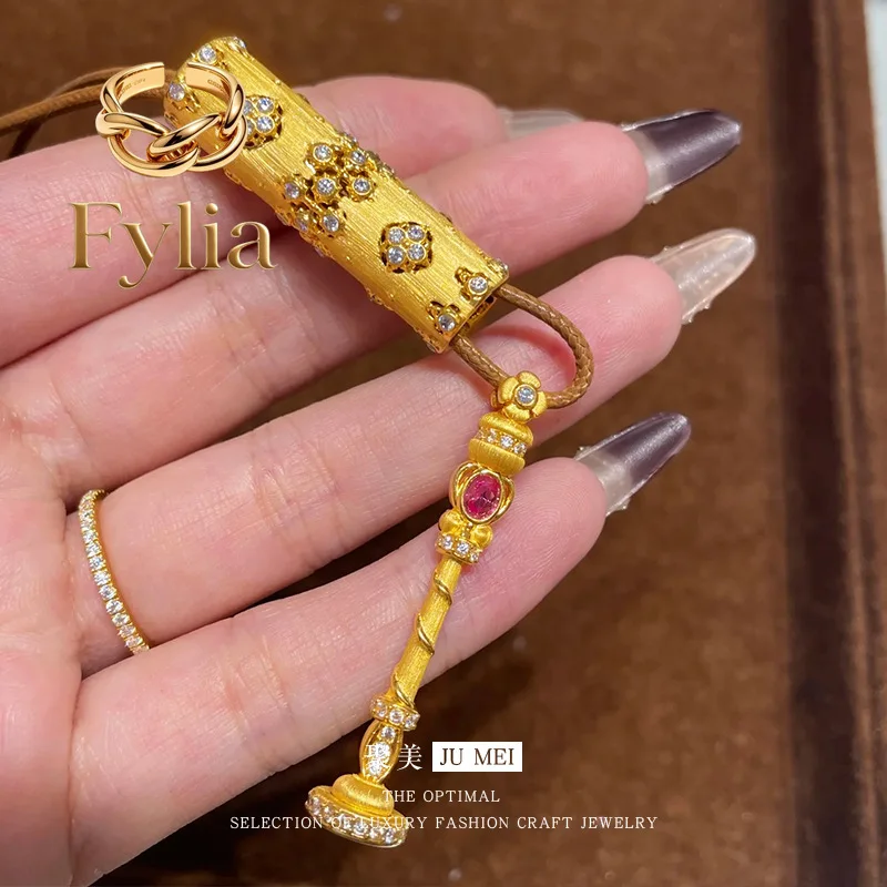 Fylia Jewelry  Ancient gold magic wand pendant 24K real gold brushed pendant exquisite women's new fashion design 9999 necklace