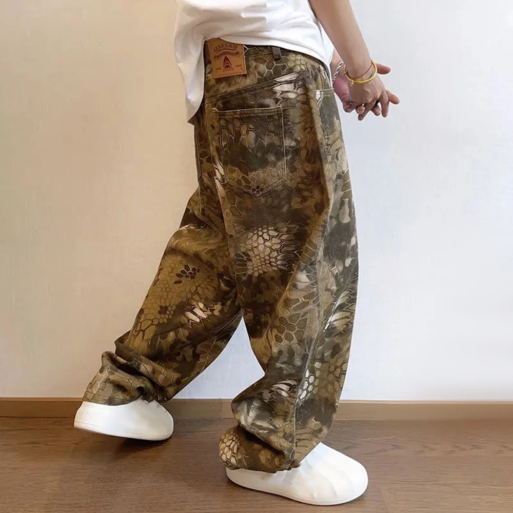 Mens Casual Pants Fashionable Trendy Y2k High Street Hip-Hop Retro Snake Pattern Loose Jeans 2024 Spring And Autumn New Style