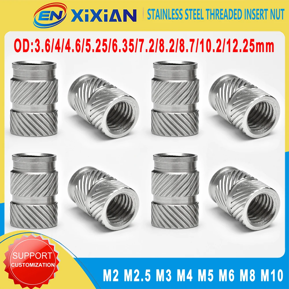 304 Stainless Steel Threaded Insert Nut M2.5 M3 M4 M5 M6 M8 M10 Hot Melt Injection Molding Embedment Heat Set Nut for 3d Printer