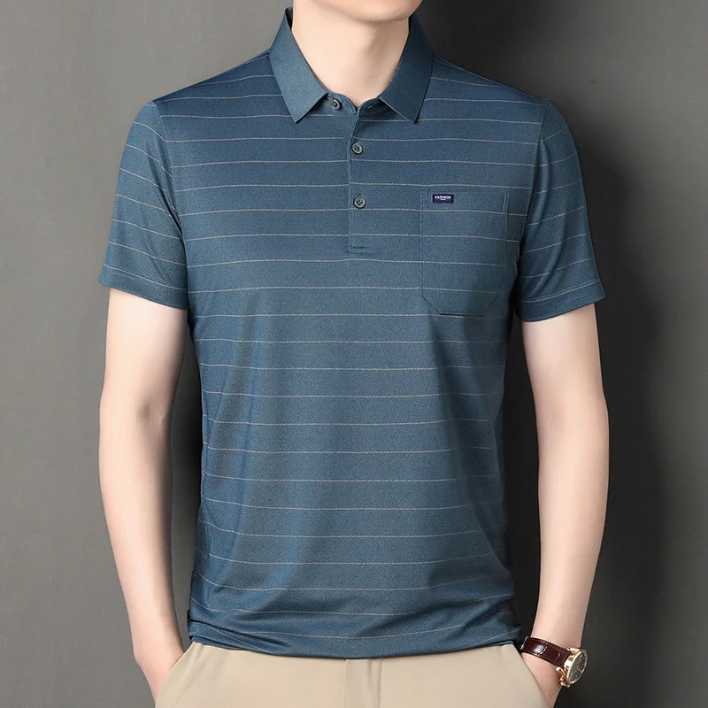 Men's Summer Short-sleeved Polo Shirt Middle-aged Men's Casual Fashion Collar Horizontal Stripe Sleeved Top Trendy Short T-shirt
