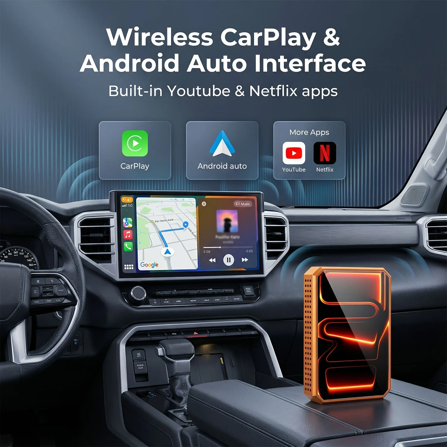 Wireless CarPlay Adapter 3‑in‑1 Smart Car Magic Box, Wired to Wireless CarPlay & Android Auto Dongle, RGB Atmosphere Light, Mirror‑Link, YouTube Netflix Streaming, USB Flash Drive Play, Online Upgrade For Factory Wired Carplay Cars