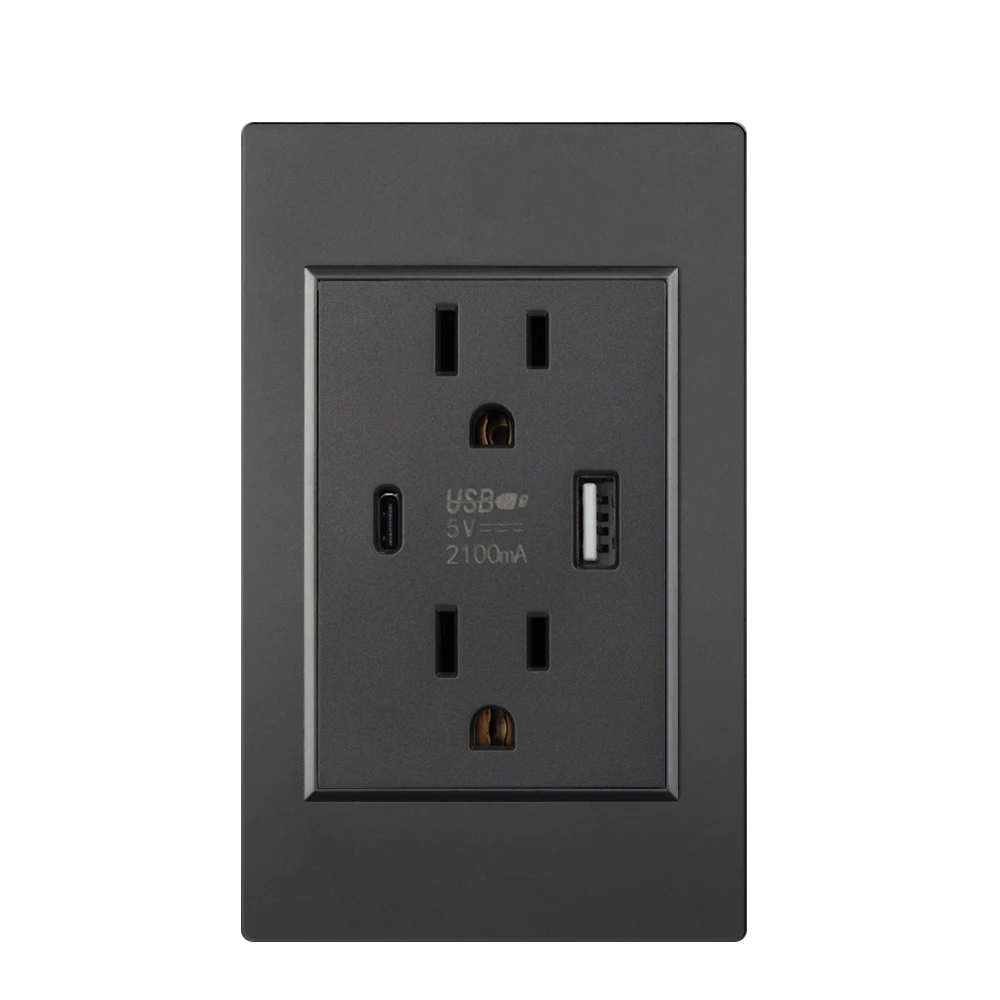 US Standard Wall Socket with USB Type-C Charging Port 5V 2.1A, 118*72mm PC Panel