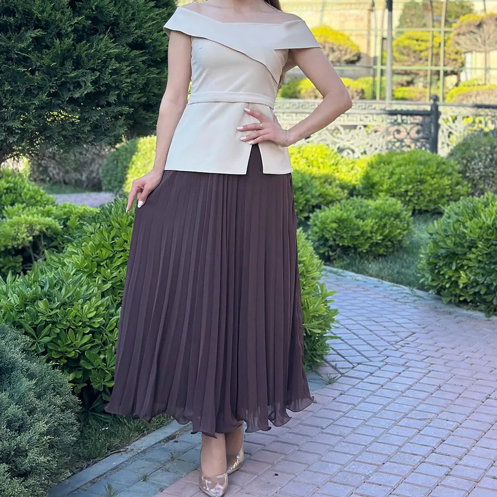 فساتين سهرة مخصصة على شكل حرف a بطول الكاحل قبالة الكتف بدون أكمام فستان حفلات بسيط موضة ثنيات فستان حفلة غير رسمي