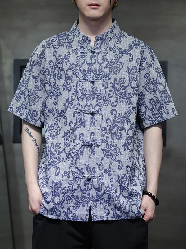 

Новая китайская мужская рубашка-халат из тонкой дышащей ткани, свободного кроя, с коротким рукавом, на пуговицах, с воротником-стойкой, летняя, повседневная, в стиле Tzu Chi Tea Robe