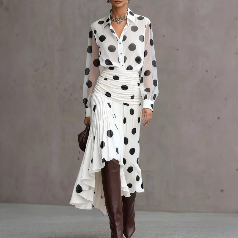 

Modigirl Women's Vintage Polka Dot Chiffon Sets 2026 Spring Shirt Asymmetric Skirt Sheer Sleeves Tops for Office Urban Ladies