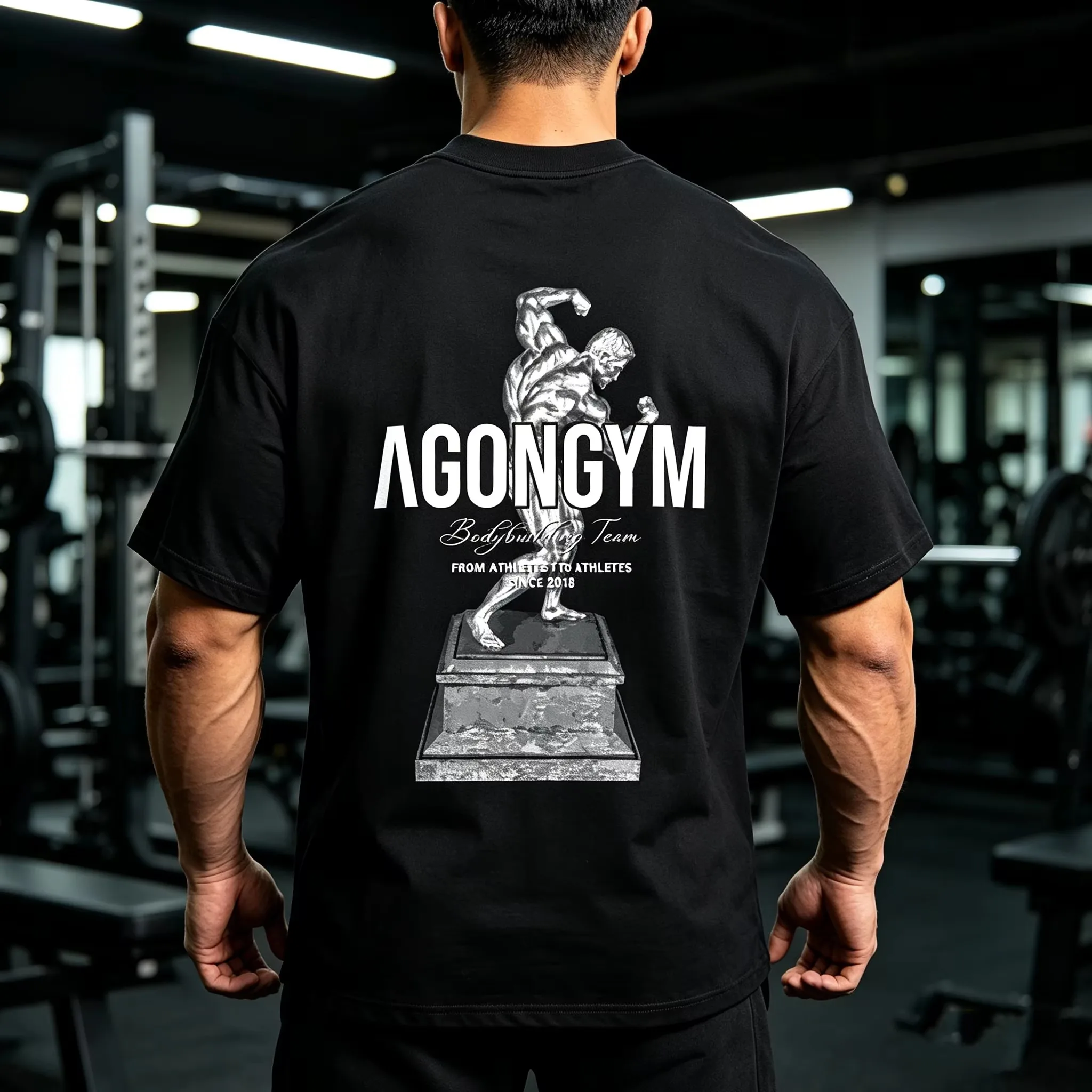 2026 New Family Matching Oversized Unisex Streetwear T Shirt AGONGYM Bodybuilder Statue Back Graphic Tee Gym Fitness Short Tops