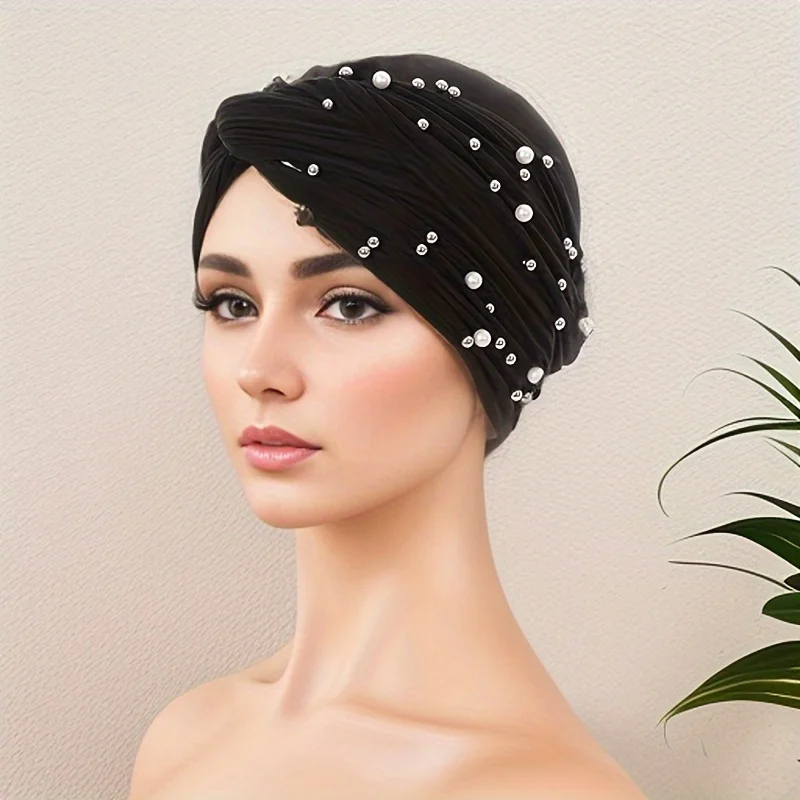 

НОВАЯ Шапка-тюрбан с искусственным жемчугом и бисером, однотонная, эластичная, для хиджаба, женская, для химиотерапии