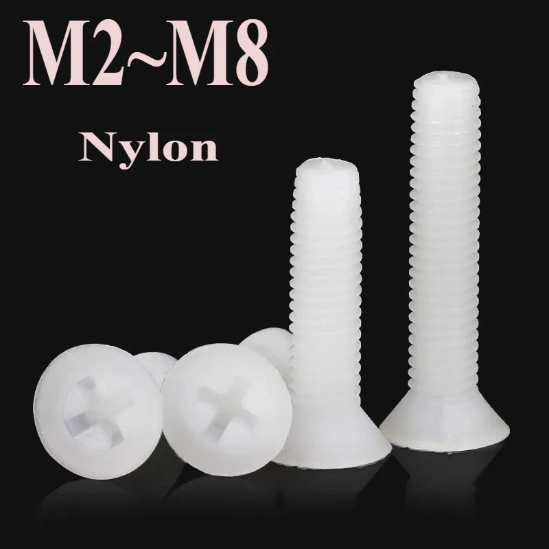 

Phillips Cross Nylon Flat Head Machine Screw Metric Thread Plastic Countersunk Screws Bolt White M2 M2.5 M3 M4 M5 M6 M8