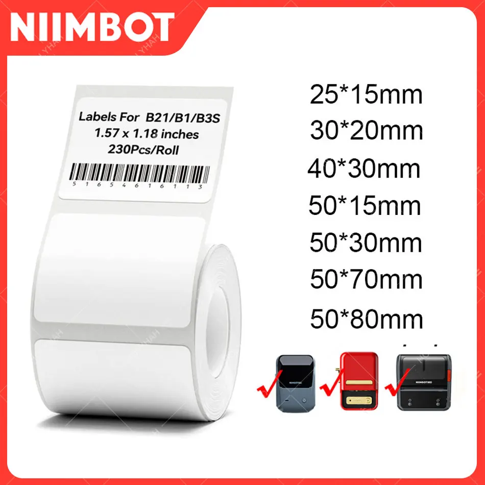 Niimbot B21/B1/B3S ป้ายความร้อนสติกเกอร์กระดาษพิมพ์สีขาว 20-50 มม.ความกว้างแท็กเสื้อผ้าสินค้าราคาอาหาร self-Adhesive