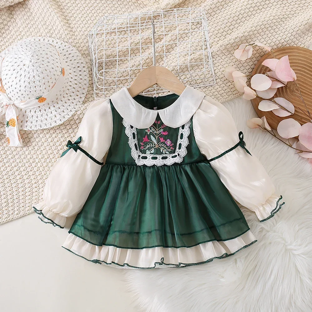 New Girls\' DressFall Doll Collar Lace Bow Ribbon Bubble Sleeve Lace Collar Pastoral Style Embroidery Birthday Party Dress