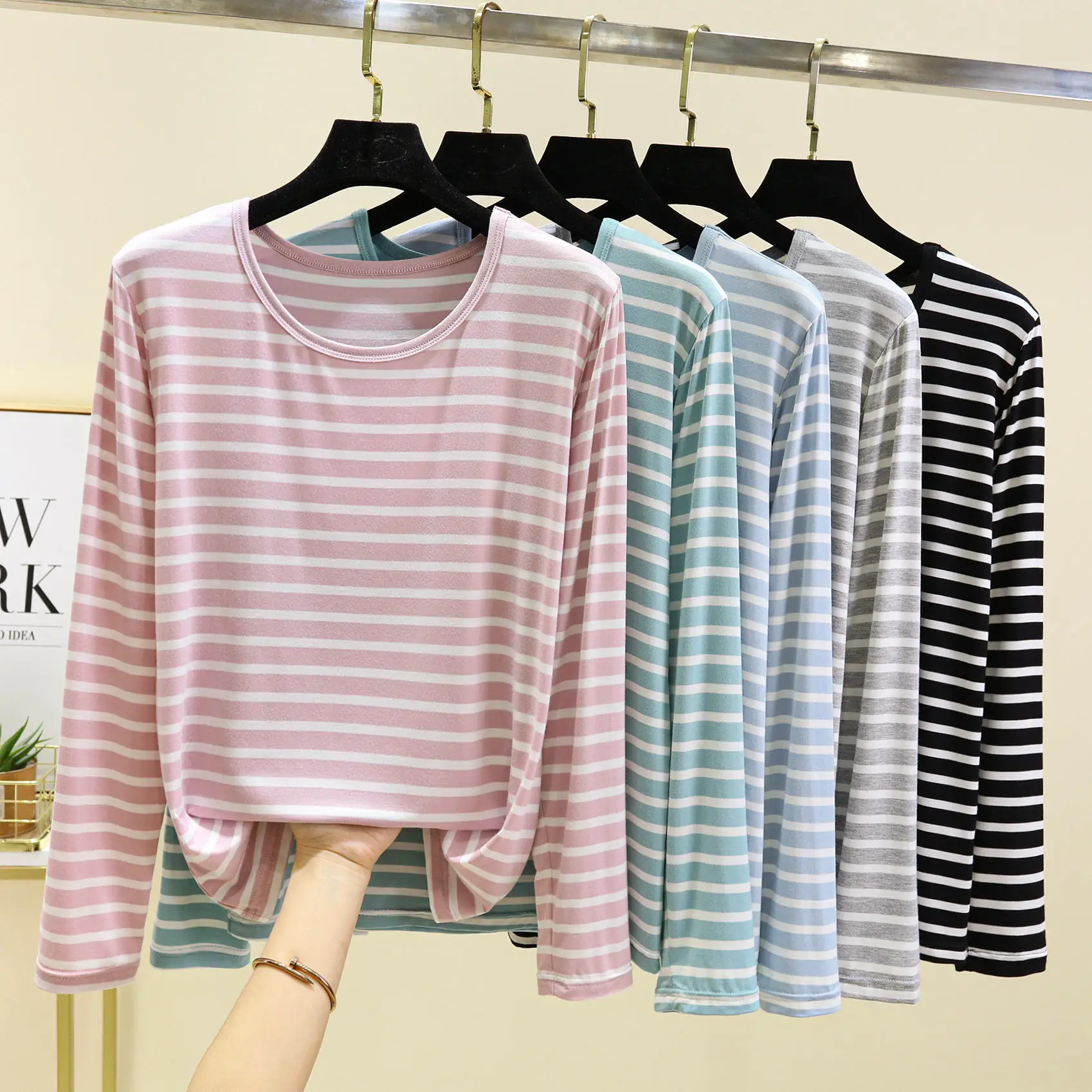 Modal Casual Striped T-shirt Women Apring Autumn Simple Long Sleeved Round Neck All-Matched Tee Female Plus Size Base Shirt