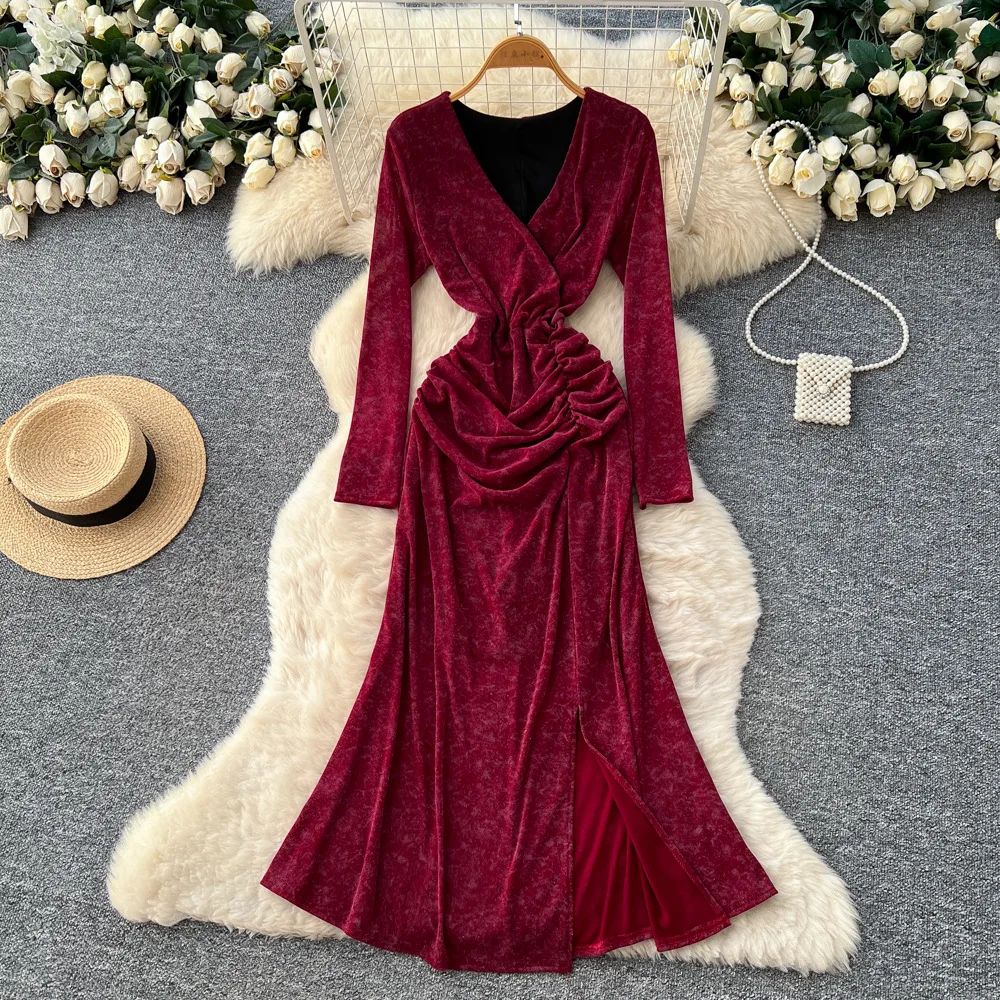 

Women Mermaid Dresses A Line Solid Dress V Neck Ankle Lenth Long Sleeves Pleats Waist Cinch Slim Fit Party Elegant 2025 Spring
