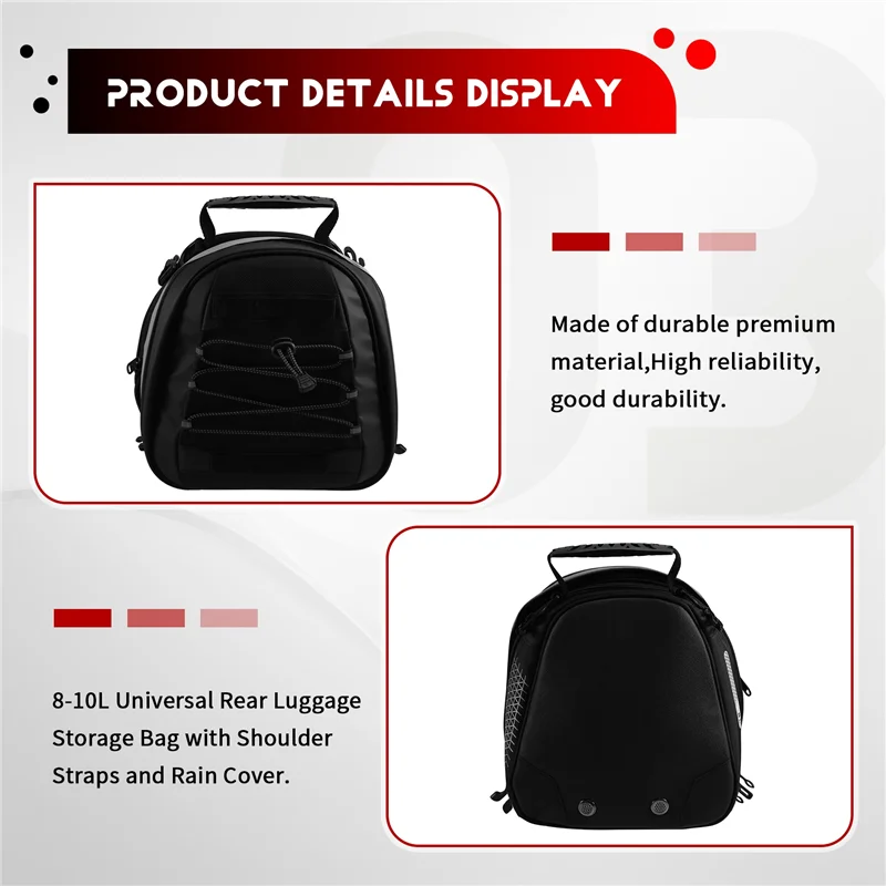 AB56-Universal Motorcycle Tail Bag Expandable 8-10L Universal Rear Luggage Storage Bag With Shoulder Straps And Rain Cover
