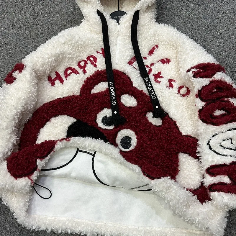 2025 Autumn Winter Heavy Industry Cartoon Lamb Wool Hooded Sweatshirt Jacket For Women's Loose Sweet Y2k Style Top Zipper Coat