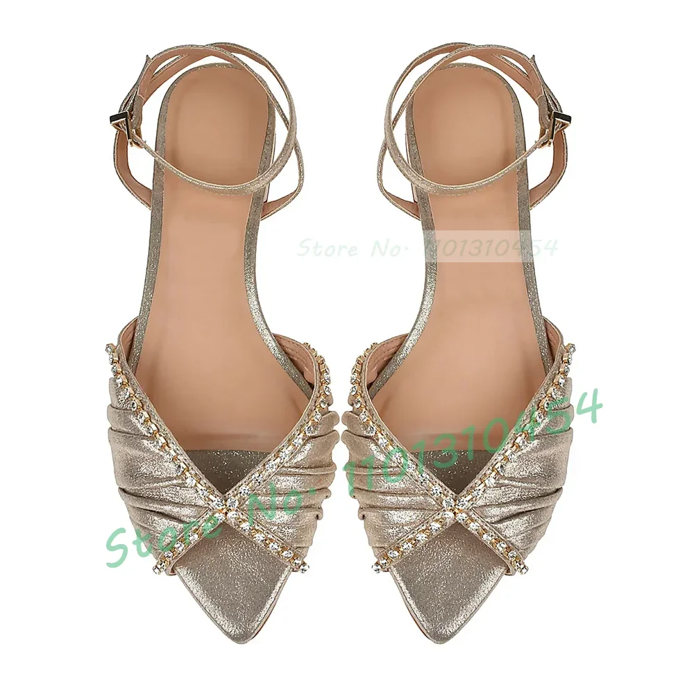 

Old Gold Peep Toe Flat Sandals Women Bling Crystal-trim Open Pointed Elegant Shoes Ladies Comfy Pleated Design Shiny Sandals