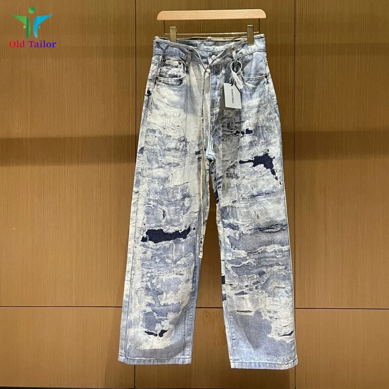 24SS Mens Womens High Quality 1:1 Vintage Brand 3D Print Hanging Straight Baggy Wind Light Blue Print Washed Jeans Lounge Pants