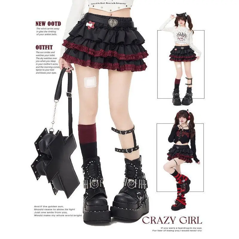 Harajuku Y2k Skirts 2025 Cute Cool Hot Girl Strap Lace Mini Cake Skirt Vintage Aesthetic High Waisted Gothic Punk Ruffles Skirt