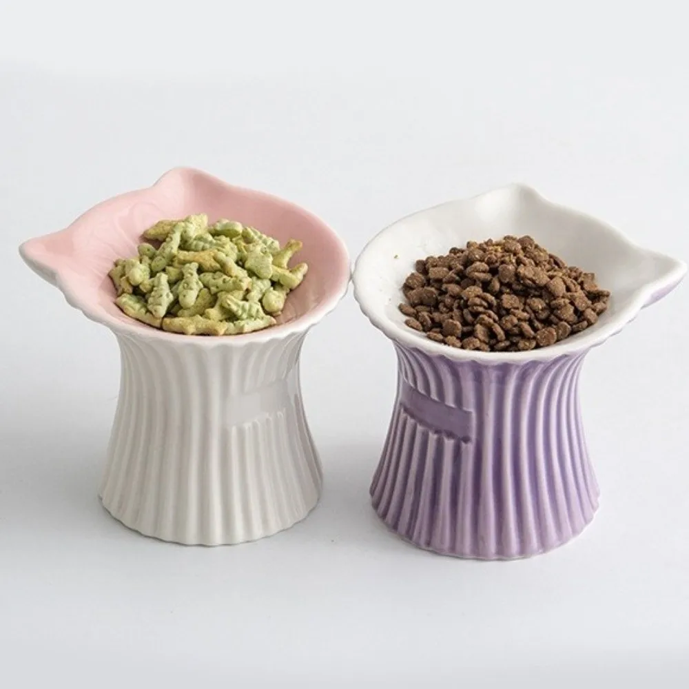 

High Foot Ceramic Cat Bowl Anti-Slip Base Wide Mouth Pet Drinking Bowl Anti Flip Cat Ears Design Cat Feeding Dish Food Feeding