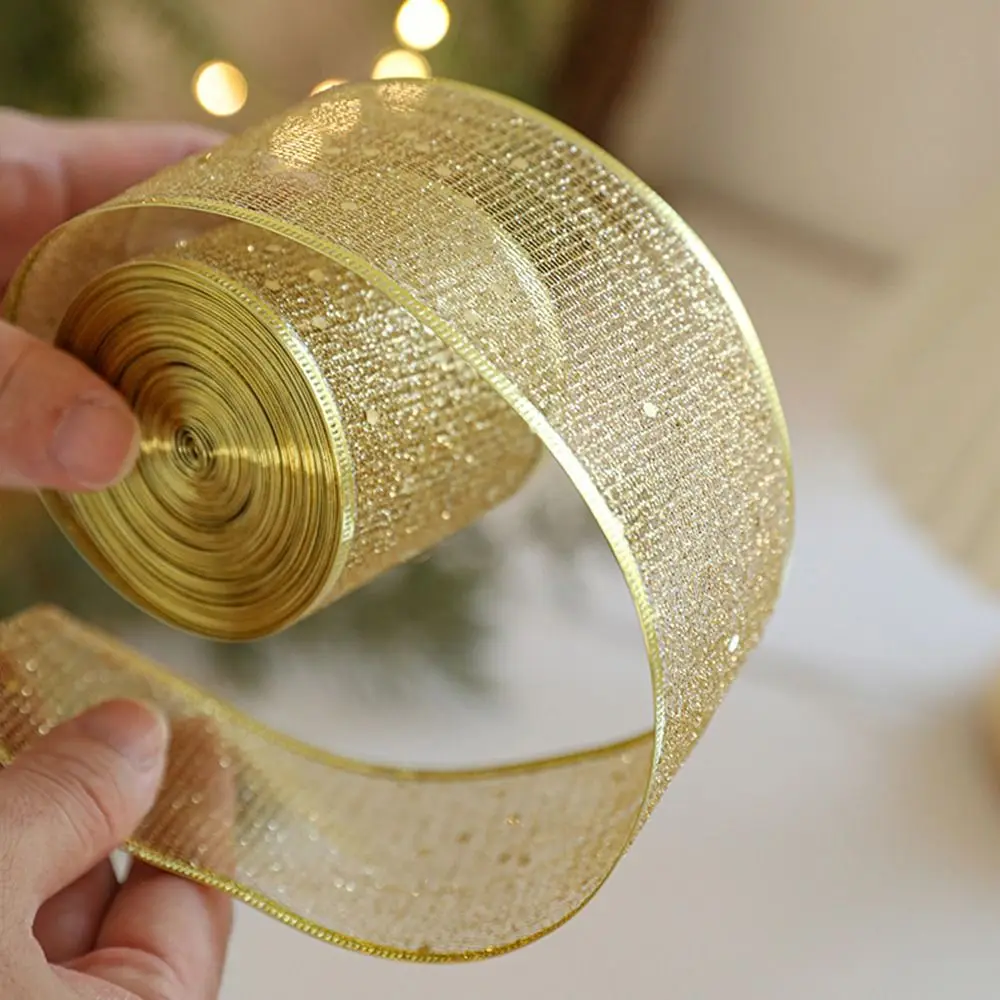 Gold Wire Edge Christmas Ribbon Weaving Mesh Yarn Wrapping Christmas Tree Ribbon Classic Xmas Bows Fabric Craft Ribbon