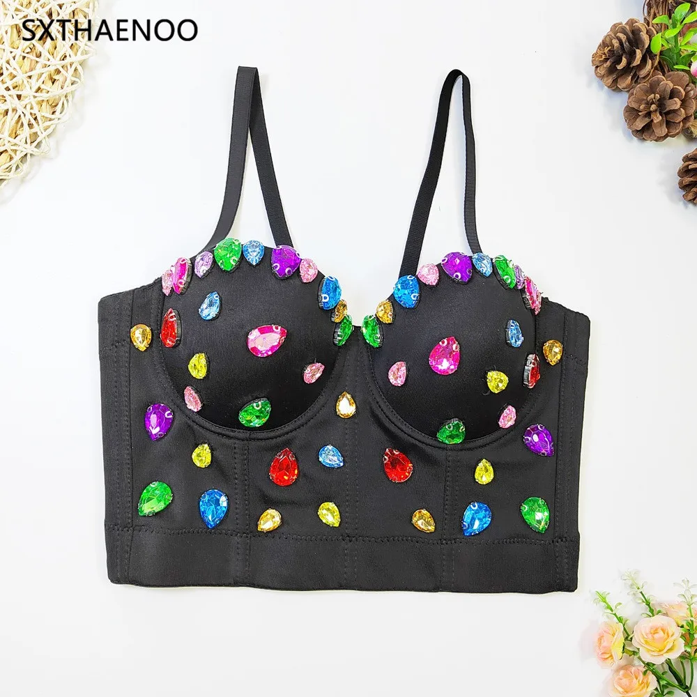 

SXTHAENOO 2023 New Elegant Beaded Colorful Gemstone Top for Women Camisole female Cropped Top Banque Ptarty Tank Tops Summer