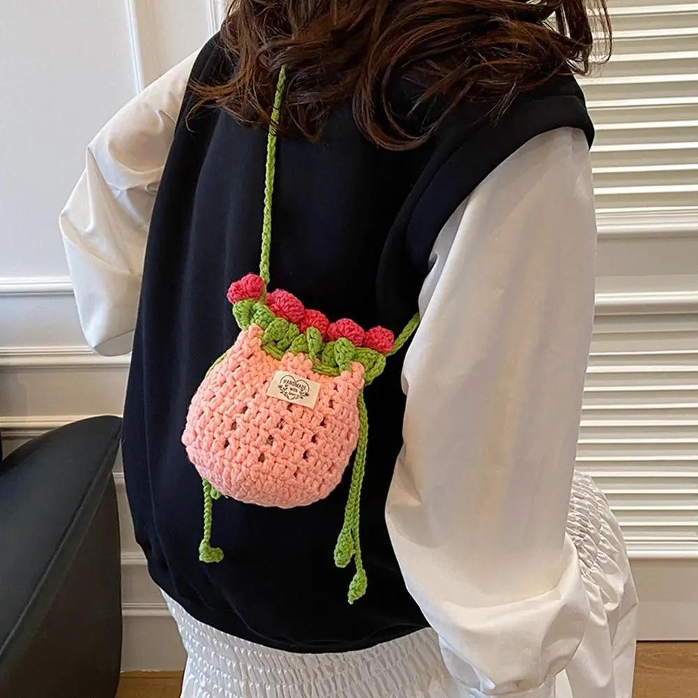 

Bohemian Rose Bouquet Weave Bag Cotton Rope Crochet Rose Beach Bucket Bag Hollow Out Storage Bag Knitted Crossbody Bag Shopping