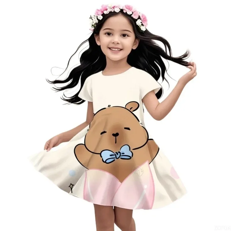 

Summer Cartoon Card Leather Small Brown Bear Print Dress for Children's Casual Round Neck Short Sleeved Skirt