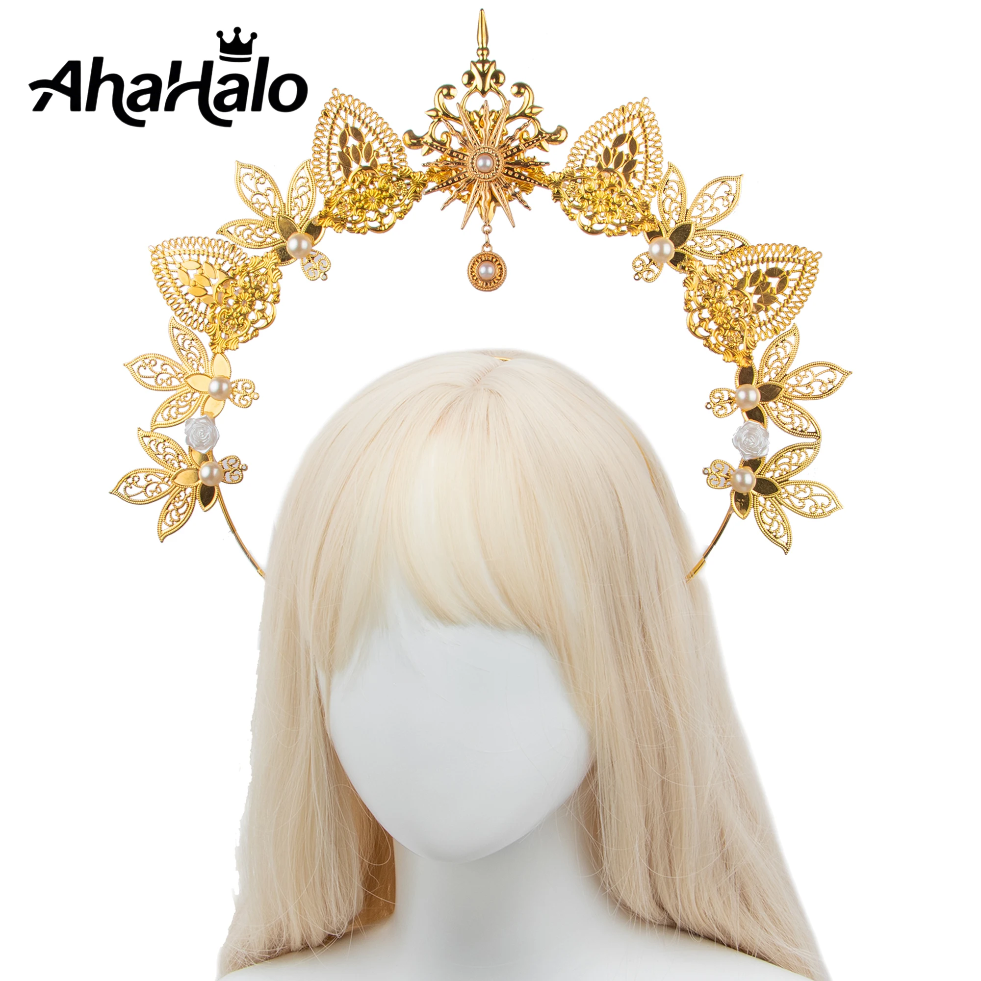 

KC Gold Halo Crown Headpiece Mary Apollo Sun Goddess Halo Headwear Halloween Party Women Girls Photography Props