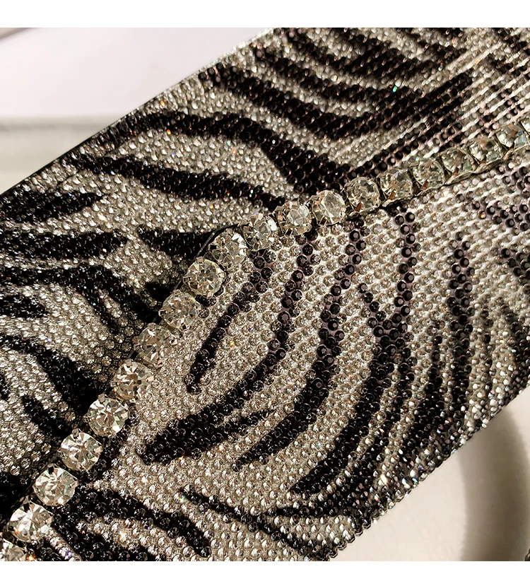 Black Leopard Stripe Square Bag Women Fashion Handbag Glitter Shiny Diamond Evening Bag Wedding Party Clutch Purse Messenger Bag