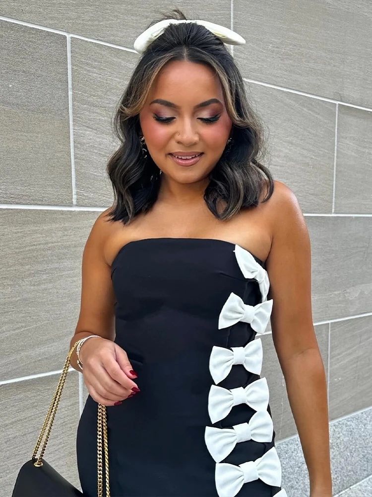 Eleganti abiti da sera neri senza spalline con dettaglio fiocco bianco – Abito da festa di lusso con spacco alto per donna