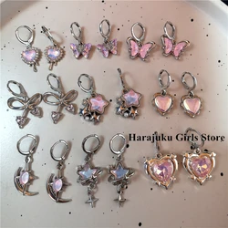Gothic Y2K Moonlight Stone Heart Star Bow Pendant Earrings For Egirl EMO 2000s Goth Cute Dream Fairy Vintage Jewelry Accessories