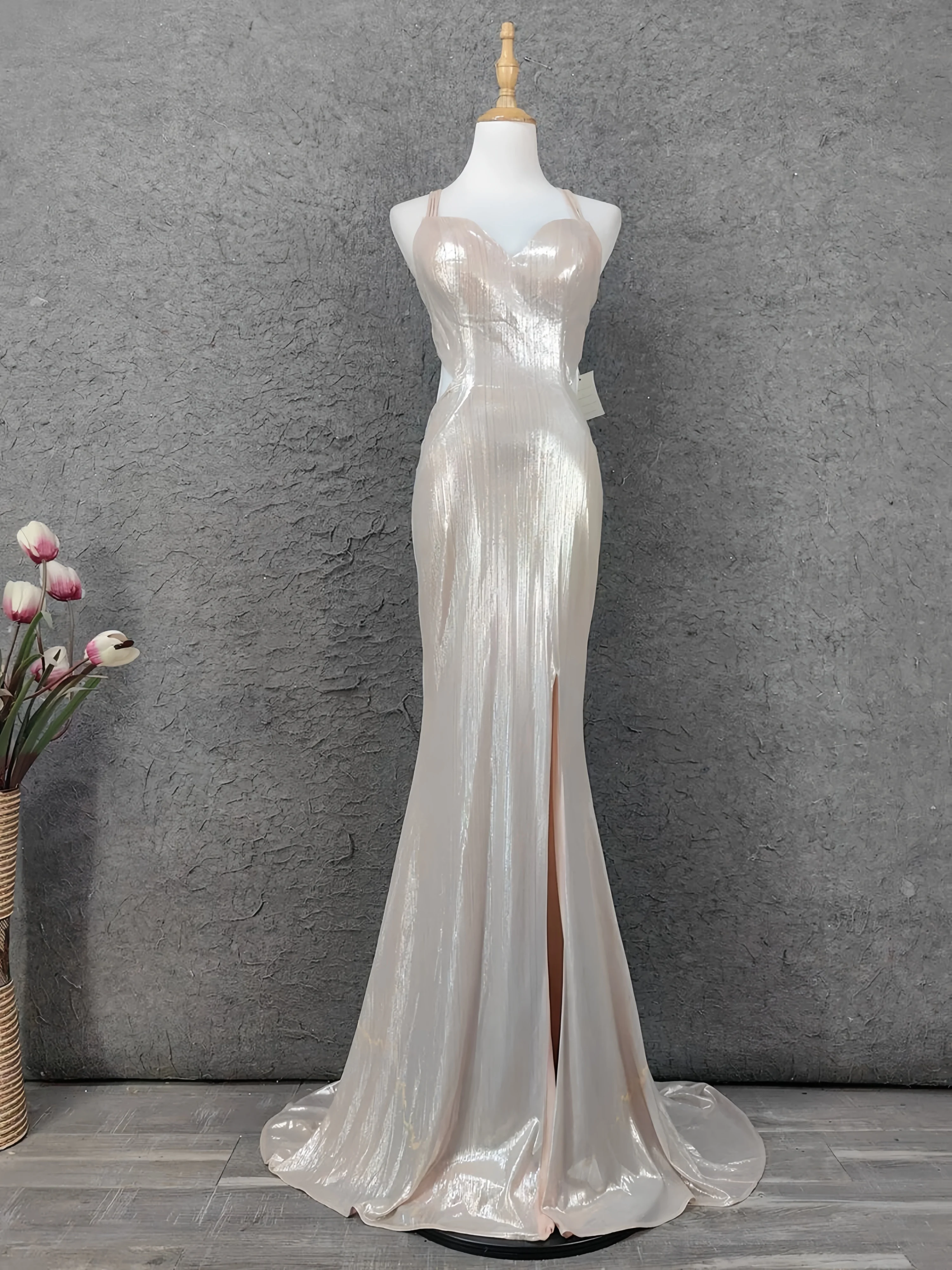 

Light Slim Fit Prom Dress Side Slit Sweetheart Collar Spaghetti Strap Sleeveless Formal Occasion Bridesmaid Evening Gown