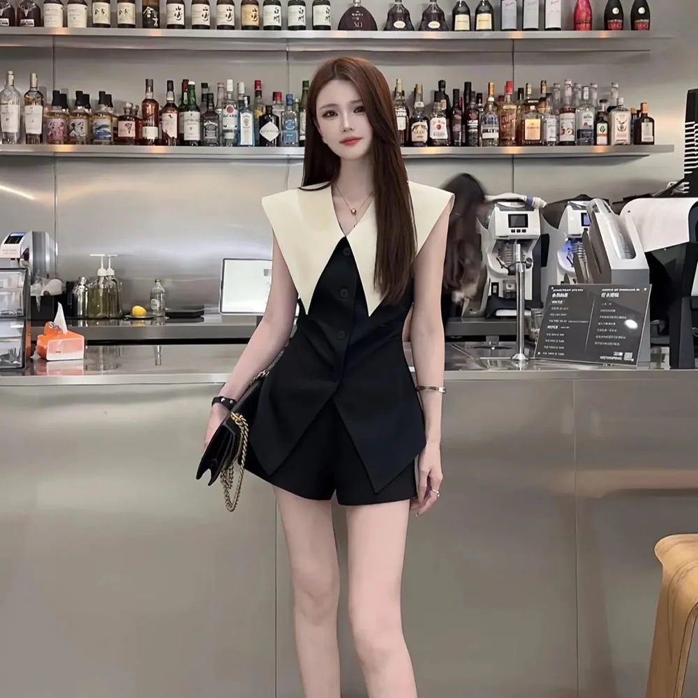 Elegant Tanks Shorts Set Women Summer Sexy Sleeveless Slim Vest Tops Office Lady + Korean High Waist Short Pants Simple 2 Pieces