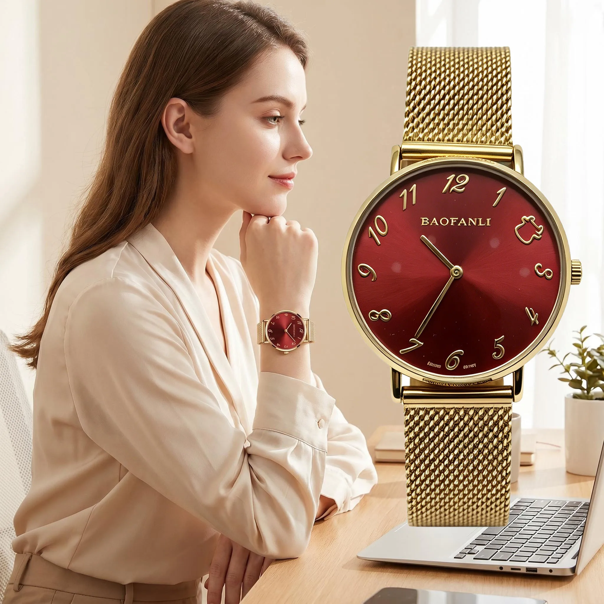 BAOFANLI Women's Quartz Watch, Wine Red Sunburst Dial Gold Metal Mesh Strap Ultra Thin Minimalist Wristwatch for Commute Dating