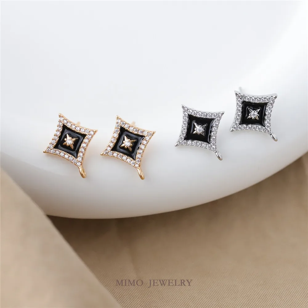 Copper-plated Real Gold Micro-inlaid Rhombus Black Dripping Star Stud Earrings, Earclips DIY Handmade Charm Accessories