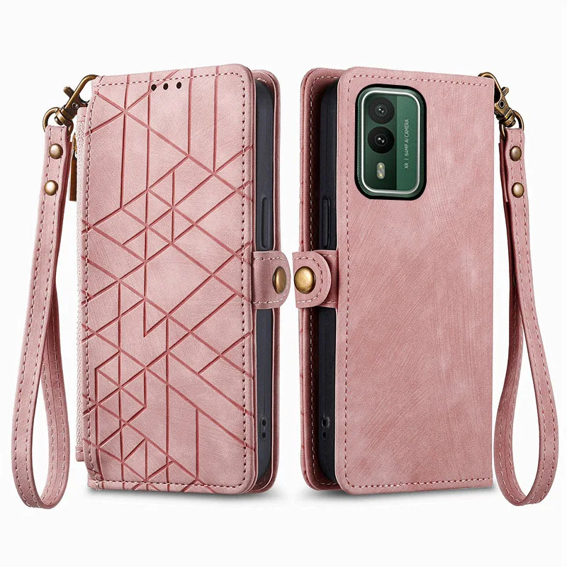 Кожаный чехол с геометрическим узором для Nokia XR21 X100 X30 X20 X10 C2 2nd Edition 7.2 6.2 5.3 5.4 1.4 с отделением для карт и функцией кошелька.