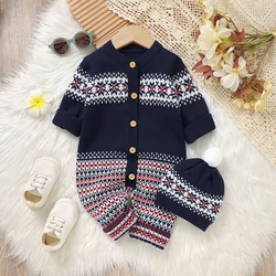 Christmas Baby Romper Long Sleeve Winter Newborn Boy Jumpsuit Outfit Cute Cartoon Santa Claus Infant Girl Xmas Clothing Knit 2PC