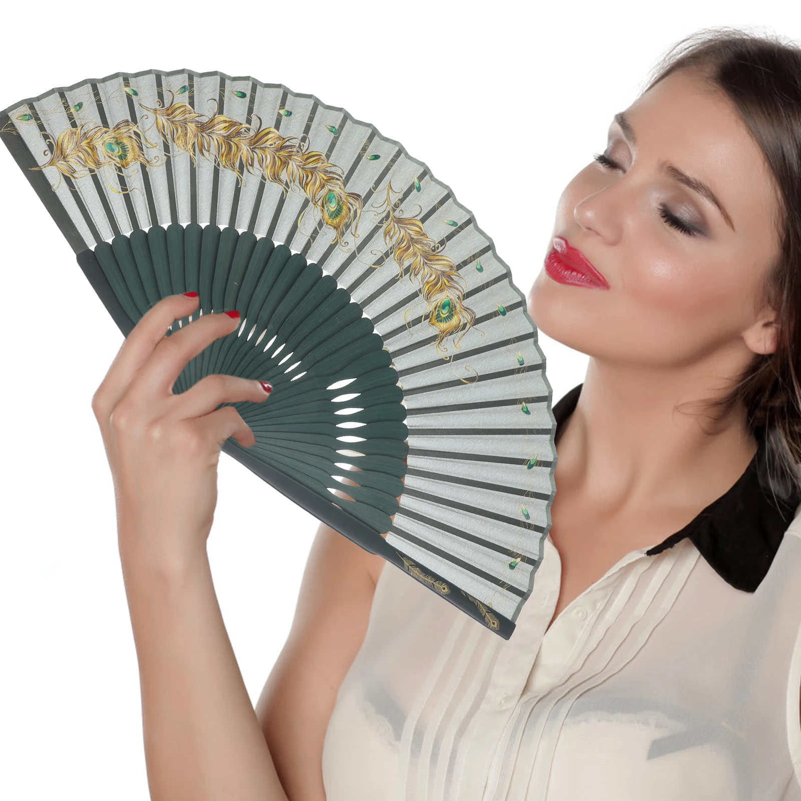 

Mini H held Fans Bamboo Foldable Peacock Plume Pattern H Fan Folding Fans Women Men Dance Performance Photography