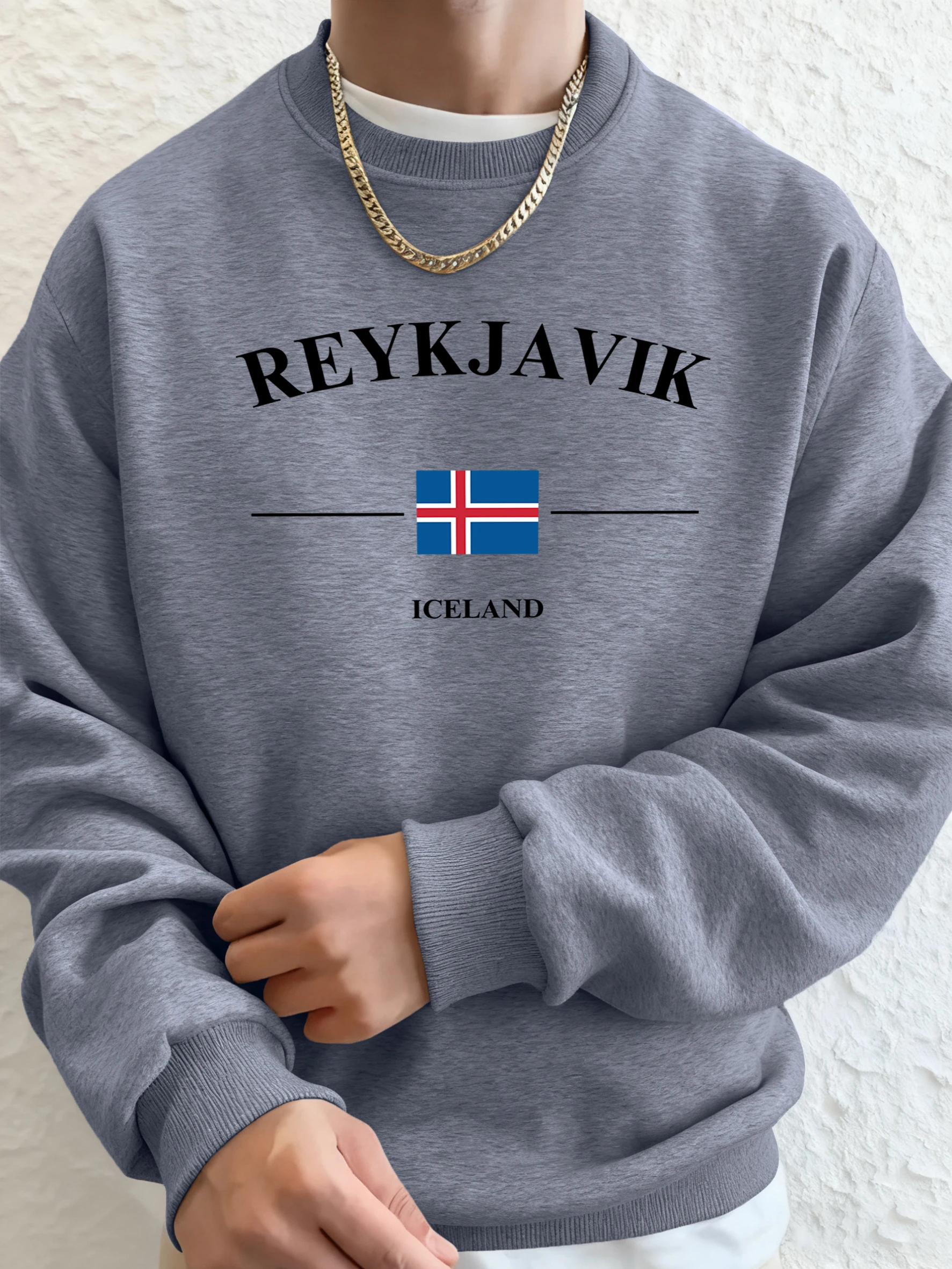 ريكجافيك أيسلندا رسالة وعلم يطبع رجل عادية الدافئة هوديس Crewneck لينة أعلى الشارع الملابس الرياضية الأساسية الخريف البلوز #1