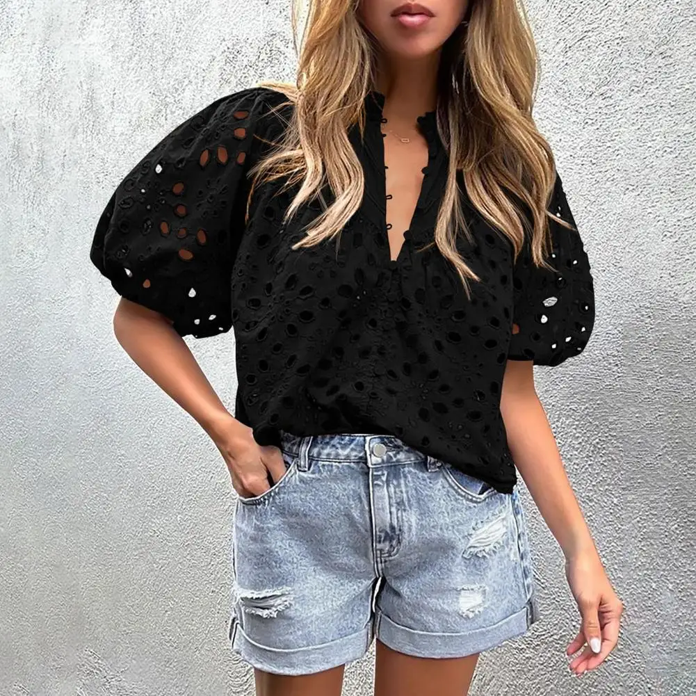 Eyelet Embroidered Shirt White Lace Blouse Hollow Out Loose Fit Top Wear Women\'s Summer Clothing