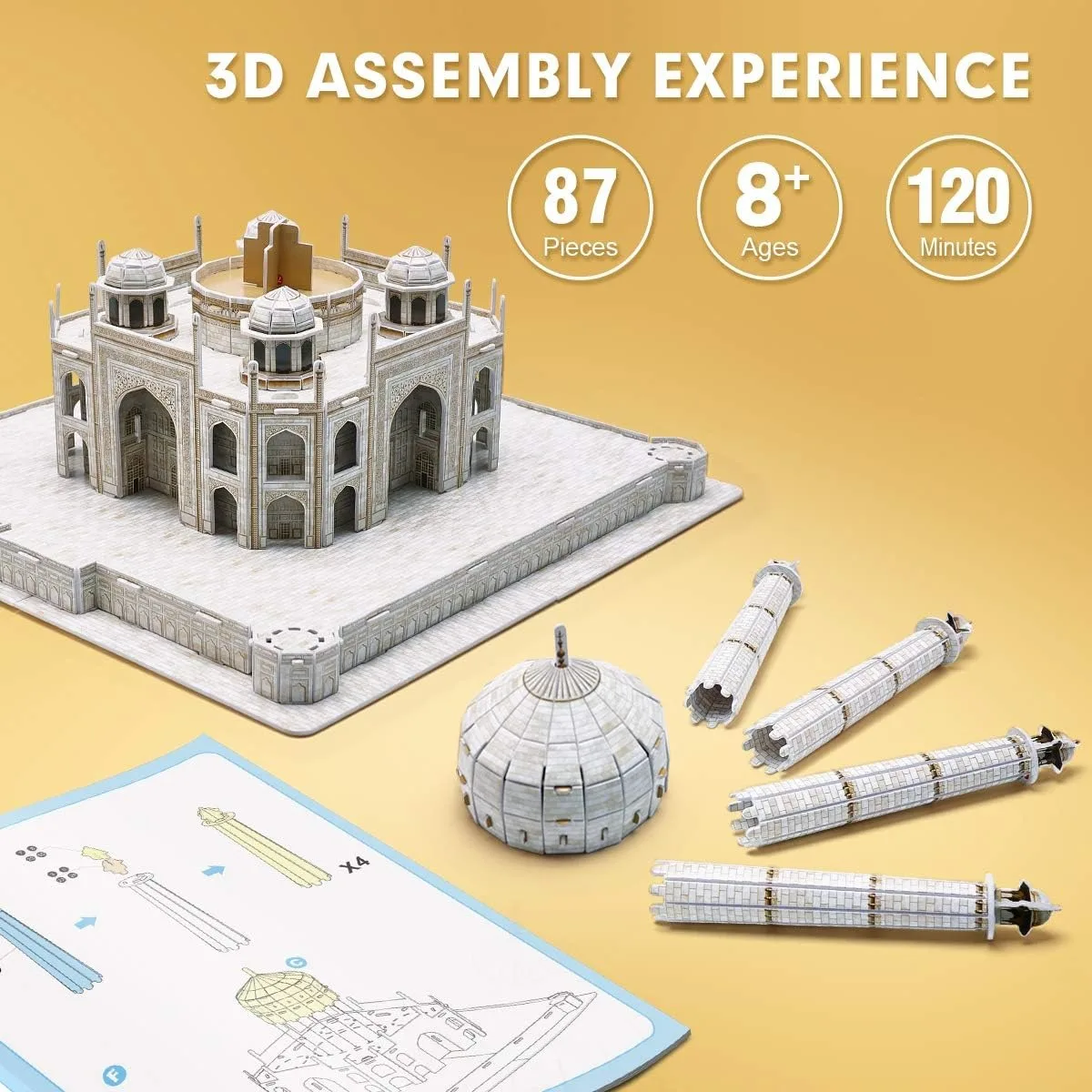 ชุดตัวต่อจิ๊กซอว์3D สำหรับผู้ใหญ่เด็ก3D สถาปัตยกรรมทัชมาฮาลอินเดียพร้อมหนังสือของขวัญสำหรับผู้หญิงผู้ชาย87ชิ้น