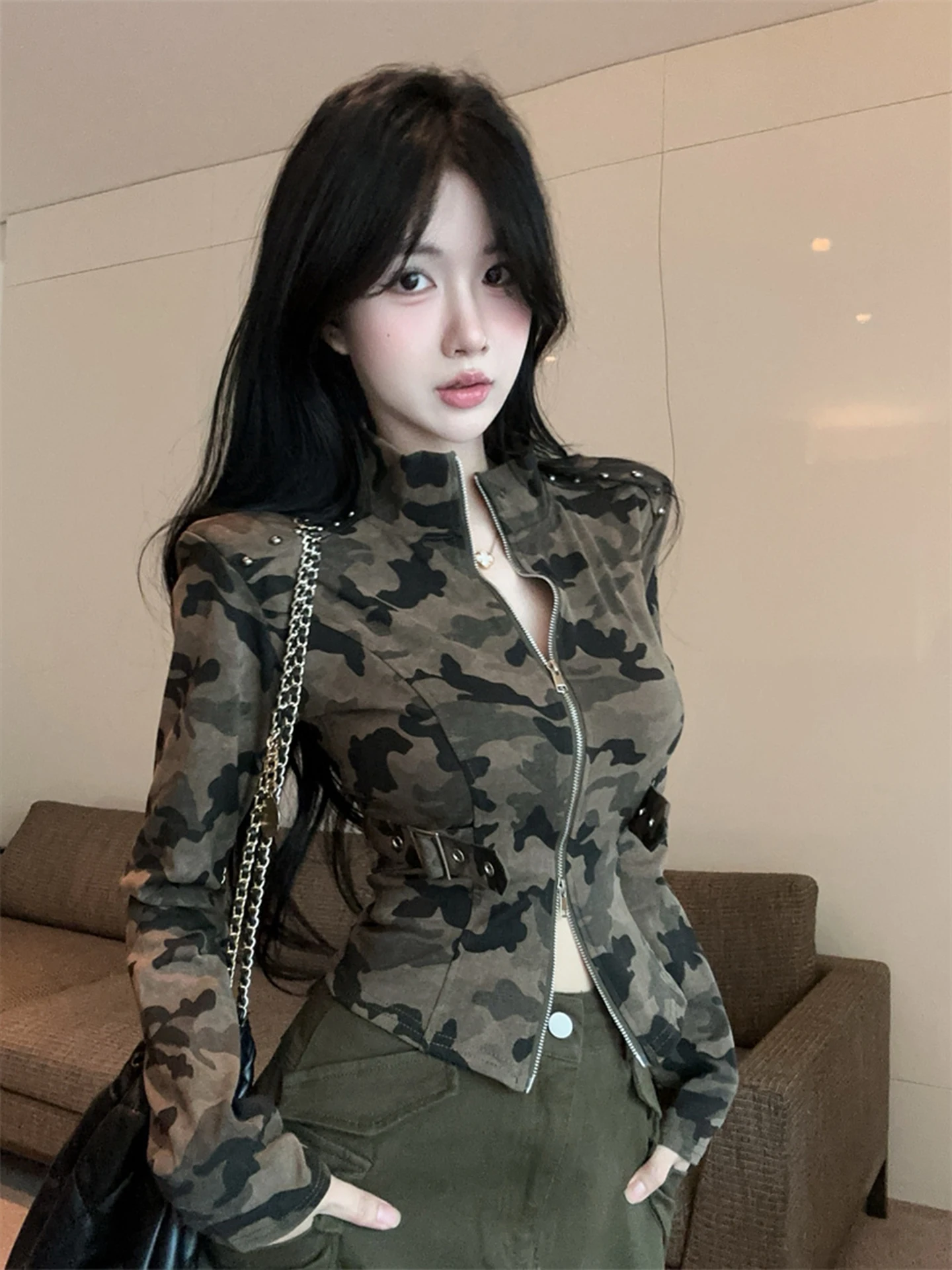 

Камуфляжный открытый кардиган с двойной молнией American Sle Hot Girl, женская футболка Long Sve, осенняя тонкая модная основа irt o...